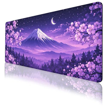 Cherry Blossoms Mouse Pad Mount Fuji Purple Sky Extended Mousepad Waterproof Stitched Edges Rubber Base Non-Slip Deskmap Computer Keyboard Mat 31.5x11.8 Inch - color: Cherry Blossoms, size: 31.5" x 11.8"