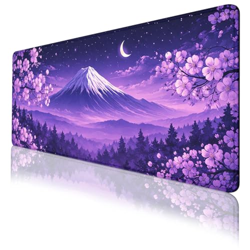 Cherry Blossoms Mouse Pad Mount Fuji Purple Sky Extended Mousepad Waterproof Stitched Edges Rubber Base Non-Slip Deskmap Computer Keyboard Mat 31.5x11.8 Inch - color: Cherry Blossoms, size: 31.5" x 11.8"