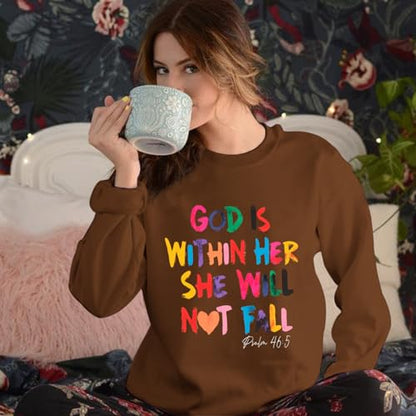 Wrenpies Christian God Is Within Her Sweatshirts for Women Jesus Faith Bible Verse Shirts Inspirational Hoodie Pullover Tops - color: Brown, size: X-Large
