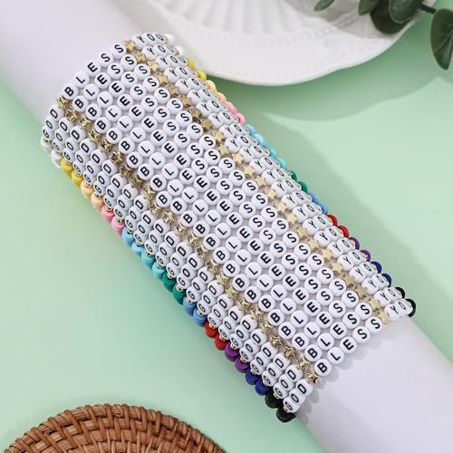 24Pcs Jesus Loves You Bracelets Bulk Handmade Clay Beads Bible Verse Bracelets Christian Friendship Jewelry Christmas Easter Gifts for Women Teen - color: God 24-6