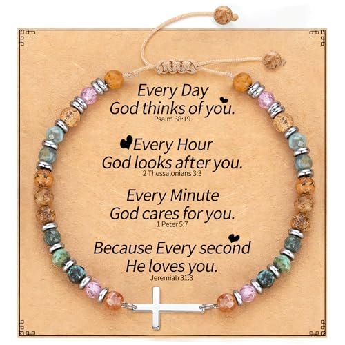 Cross Bracelets for Women Girls, Christian Gifts for Women Natural Stone Beaded Bracelets First Communion Confirmation Baptism Gifts Catholic Easter Christmas Inspirational Gift Jewelry - color: African Turquoise 2 - Every Day