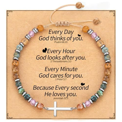 Cross Bracelets for Women Girls, Christian Gifts for Women Natural Stone Beaded Bracelets First Communion Confirmation Baptism Gifts Catholic Easter Christmas Inspirational Gift Jewelry - color: African Turquoise 2 - Every Day