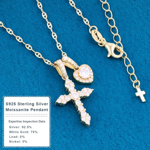 Moissanite Double Cross Necklace, Women Moissanite Diamond Cross Pendant - color: 14k Gold Vermeil Cross+Heart