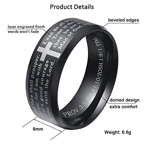 Men's Stainless Steel Bible Verse Christian Lord's Prayer Cross Ring Wedding Bands Engraved Praying - color: Black