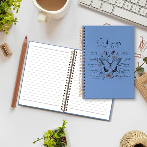 huester Inspirational Christian Butterfly Notebook Journal, God Says You Are Bible Scripture Blue Journal Notebooks for Note Taking, Bible Journaling Hardcover Paper Spiral Notebook, 5.5x8.3 Inch - color: blue