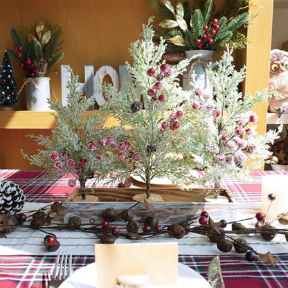 Winlyn 3 Pack Mini Christmas Trees with Wood Box Farmhouse Centerpiece Small Snowy Artificial Cedar Trees with Red Berries and Wood Bases Table Decorations for Rustic Home Winter Holiday Mantel Décor