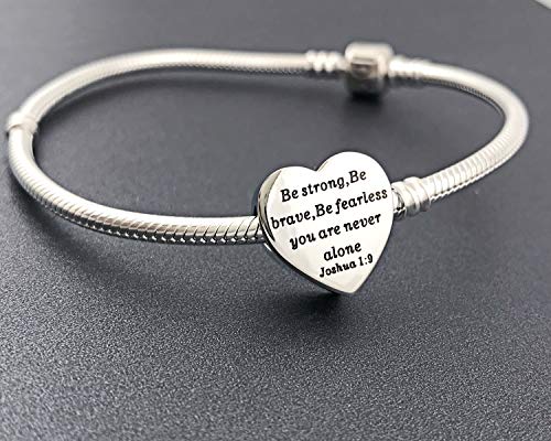 Heart Charm Fit Pandora Charms Bracelet Christian Bible Verse Charm Prayer Faith Religious Charms Gifts for Women - style: Be strong,Be brave,Be fearless you are never alone Joshua 1:9