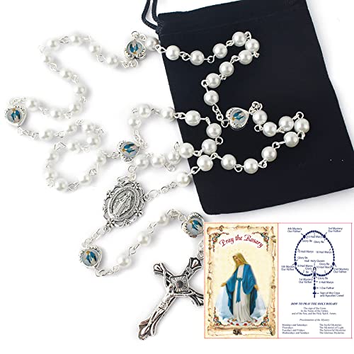 HanlinCC Catholic Miraculous Rosary Glass Pearl Beads Pray Card & Gift Bag - color: White