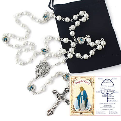 HanlinCC Catholic Miraculous Rosary Glass Pearl Beads Pray Card & Gift Bag - color: White