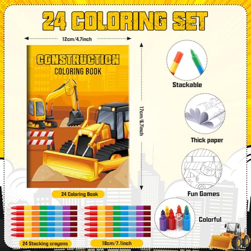 BenLouis 24 Construction Mini Coloring Books with 24 Crayons for Kids Bulk - style: Construction