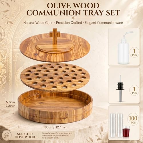 Zhehao 1 Set Wood Communion Tray Set for Church Holy Serving Tray with Lid Elegant 40 Cup Holders and 100 Disposable Communion Cups for Worship Service(Olive Wood Style) - style: Olive Wood Style