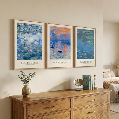 Framed Claude Monet Landscape Wall Art for Living Room, 3 Piece 16x24 Inch - color: Blue and Purple, size: 16"W x 24"Hx3Pcs