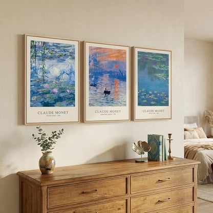 Framed Claude Monet Landscape Wall Art for Living Room, 3 Piece 16x24 Inch - color: Blue and Purple, size: 16"W x 24"Hx3Pcs