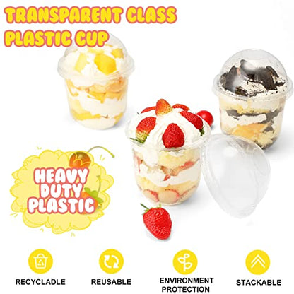 Cunhill 50 Pack Dessert Cups with Dome Lids Disposable Plastic Cups with Lids Clear Pet (No Hole), Sporks and Stickers for Plastic Fruit, Cake and Mini Snack Bowls(12 oz,Simple Cup) - size: 12 oz
