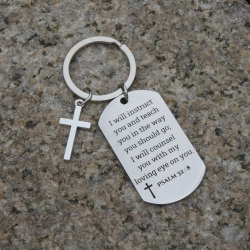 GiftYou Inspirational Scripture Metal Key Chains with Cross Pendant - Bible Verse Keychain Religious Gift for Christian - color: Psalm 32:8