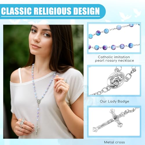 Quelay Rosary Catholic for Women Prayer Card - color: Blue-purple, style: Glass Pearls