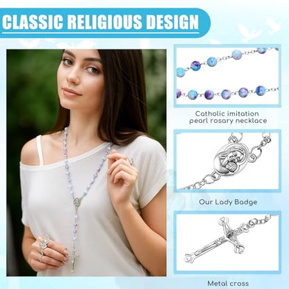 Quelay Rosary Catholic for Women Prayer Card - color: Blue-purple, style: Glass Pearls