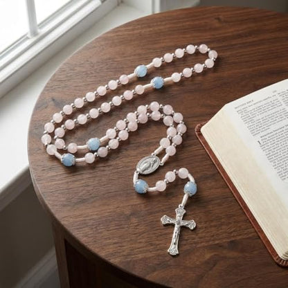 Nazareth Store 8mm White Jade & 10mm Natural Stone Beads Rosary Necklace St. Miraculous Medal & Cross Crucifix Catholic Prayer Beads Religious Jewelry - color: Aquamarine