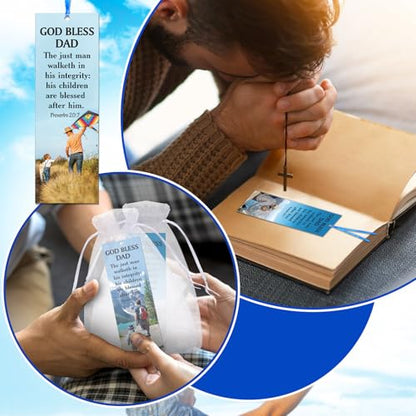 Supervitae 24 Pcs/ 12 Sets Father's Day Bookmark Gifts Bulk God Bless Dad Lapel Pin with Bookmark Gift Set, Include 12 Proverbs 20: 7 Christian Bookmarks 12 Cross Dad Pin for Religious Church Prizes - style: God Bless Dad