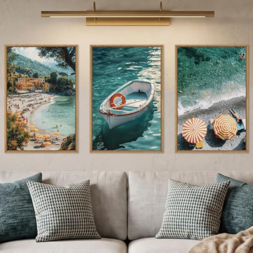 Aryroi Italy Coastal Amalfi Seascape Framed Canvas Wall Art Set- 24"x36"x3 - color: Blue Green Beach Scenery Wall Decor, size: 24"L x 36"W