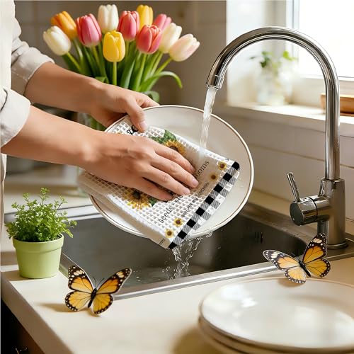 Sunflower Kitchen Towels, Black White Buffalo Plaid Gifts For Women, 09 - color: Yellow Sunflower