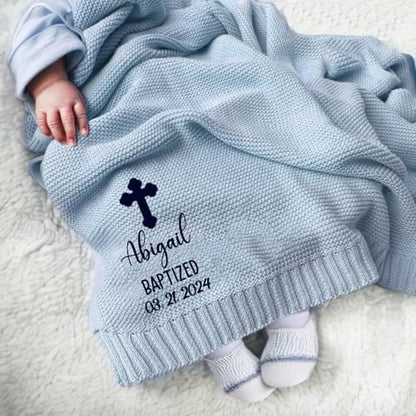 IZI POD Personalized Baby Baptism Knit Blanket, Custom Embroidered Boy Girl Christening Blanket, Custom Name and Date, Baptismal Keepsake, Gifts for Baby, Birthday, Baptized - Style 3 - color: Custom 10