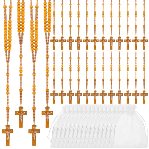 Tenceur 24 Pcs Wooden Rosary Bead Necklace Wood Catholic Carved Beads with Jesus Cross First Communion Rosary Bulk with Organza Bags Baptism Favors Catholic Gift for Men Women - color: Light Coffee