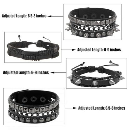 4 Pcs Leather Cuff Bracelets for Men with Spiked Cross Studded Stars Charms - color: Black-Spikes