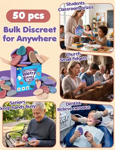 KLT Fidget Toys Bulk for Adults: 50 Pack Texture Worry Stone - Bulk Fidgets for Student Classroom Prizes - Quiet Stress Toys for Autism Calming - Goodie Bags Stuffers for Gifts Office - size: 2.7 inches