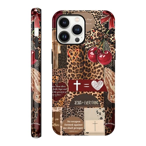 for iPhone 13 Pro 6.1'' Brown Cheetah Christian Phone Case - color: Red Cherry Leopard Collage, size: iPhone 13 Pro