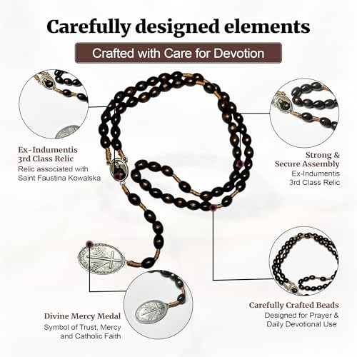 SANCTUM VERITAS Saint Faustina Kowalska True Relic Chaplet Apostle Divine of Mercy Miraculous Medal Jesus I Trust in You Chaplet Three O' Clock Prayer Poland Polish Novena - color: brown