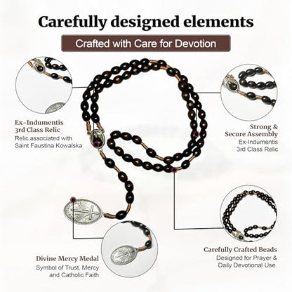 SANCTUM VERITAS Saint Faustina Kowalska True Relic Chaplet Apostle Divine of Mercy Miraculous Medal Jesus I Trust in You Chaplet Three O' Clock Prayer Poland Polish Novena - color: brown