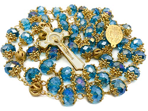 Nazareth Store St. Benedict Deep Blue Crystal Beads Rosary Prayer Necklace Golden Miraculous Medal & Gold Enamel Cross - color: Blue