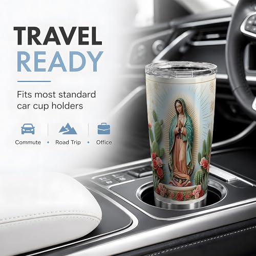 Virgin Mary Desert Halo 20oz Tumbler, Marian Devotion Tumbler, Daily Coffee Cup, Teal Cloak With Cactus And Roses, Golden Rays, Catholic Prayer Art, Faithful Catholic Women And Men - color: Virgin Mary 5