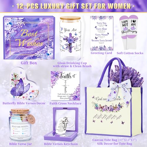 13PCS Christian Gifts for Women Faith,Self Care Package Get Well Soon,Lavender Relaxing Spa Care Package Mothers Day Baskets for Her Mom Friend Sister Wife Valentine's Day Gift, Birthday Gifts - color: Lavender