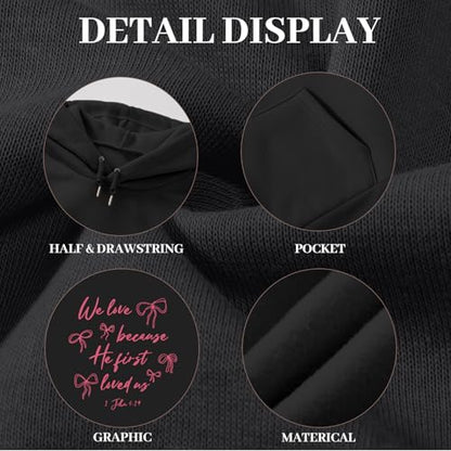 Christian Bow Hoodies for Women Cute Bow Print Sweatshirt Bible Verse Graphic Hoodie Religious Pullover Sweatshirts - color: Black, size: Small