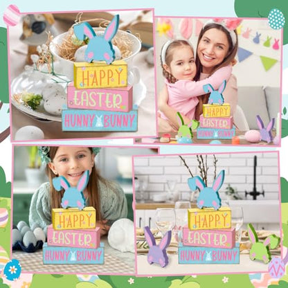 Britimes Tiered Tray Decor Set, 4 Pack, Wooden Table Sign, Spring Easter - style: Hunny Bunnies