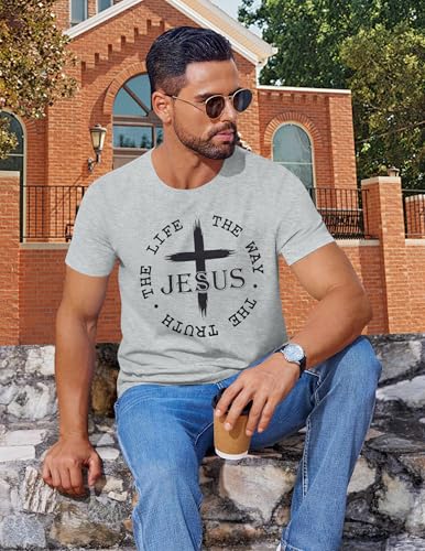 Christian Jesus Faith Shirts Men: The Way The Truth Life Cross Graphic Tee - color: Light Gray, size: Large