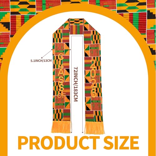 Kente Graduation Stole Class of 2026, 72 x 5.1 in African Print Sash with 3D Gold Embroidery and Gold Fringe - color: C1