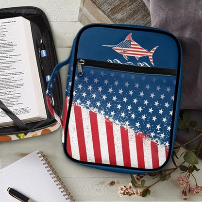 Coldinair American Flag Shark Bible Cover with Handles - Zippered Bible Carrying Case for Women Girls - Cute Tote Bag Book Cover Accessories - Christian Church Bag Purse - color: American Flag Shark