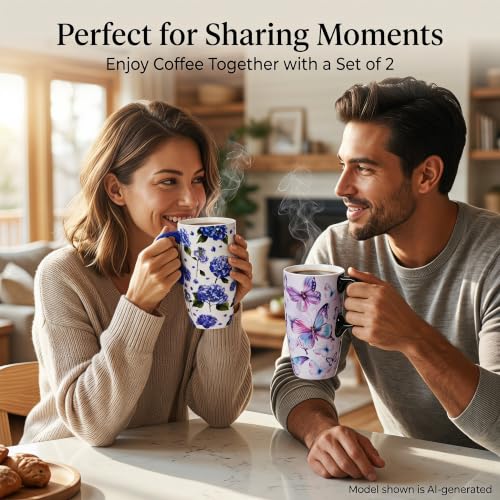 Topadorn 17oz Ceramic Travel Mugs Set of 2 with Lids, Butterfly Floral Set - color: Butterfly & Hydrangea