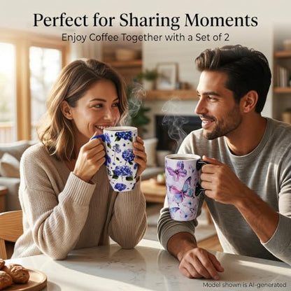 Topadorn 17oz Ceramic Travel Mugs Set of 2 with Lids, Butterfly Floral Set - color: Butterfly & Hydrangea
