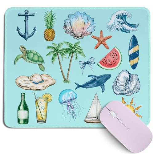 Light Blue Summer Beach Mouse Pad,Small Summer Ocean Mouse Pads,Cute Coastal Desk Mat,Watercolor Rectangle Shell Starfish Desk Pad for Home Office Dorm Desktop Decor,10.2x8.2Inch - color: Sea Items