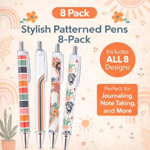 8PC Boho Pens Bohemian Rainbow Hippie Daisy Floral Cactus Highland Country Cow Western Black Pen Office School Supplies Accessories Summer Party Favors Stationery Gift Set For Women Friends Coworkers - style: Bohemian