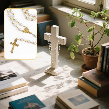 Rosary Necklace for Women, Cross Jewelry Pearl White Rosary for Women Men, Wedding Small First Holy Communion Gifts Rosarios Catolicos Rosary Beads, Pearl Necklace Catholic Chain for Mother