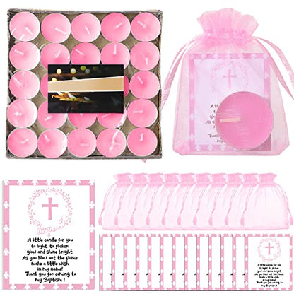 Roowest 50 Sets Baby Shower Tea Light Candles with Cards Bags Pink