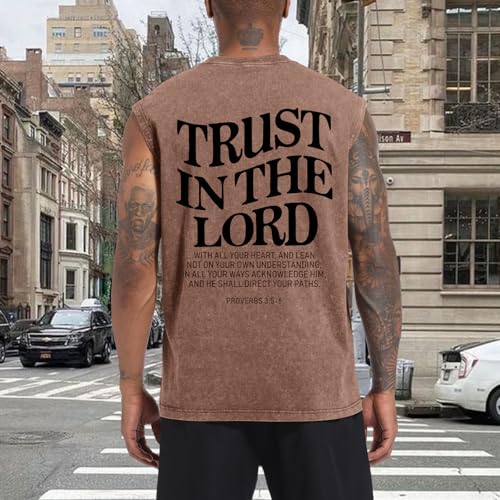 Mens Christian Tank Tops Trust in The Lord God Jesus Religious Faith Bible Verse Shirts Graphic Acid Wash Gym Tees - color: Coffee, size: Small