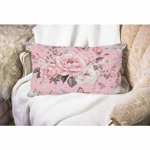Floral Farmhouse Oblong Rectangle Throw Pillow Case Flowers And Leaves Pink Watercolor Floral Bolossom Flower Rose Spring Cotton Linen Cushion Cover Sofa Armchair Bedroom Livingroom 12x20 Inch - color: Md002
