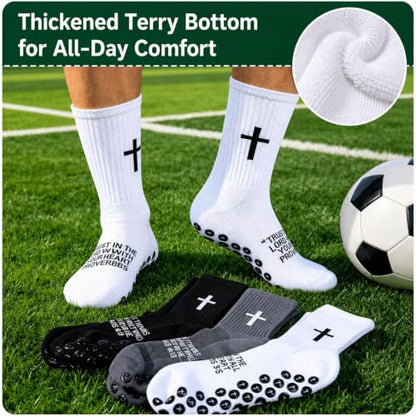 Cross Grip Soccer Socks for Men, Christian Anti Slip, US 7-11 - color: White/Black/Gray