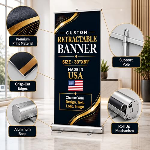 Custom retractable banner with stand by BCB | Pop up stand Printed in USA - color: Retractable Banner